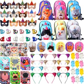 Jenaai 85 Pcs Cat Party Favors Include 12 Cat Drawstring Bags 12 Cat Badge 12 Cat Sequin Keychains 12 Cat Squeeze Toys 12 Cat Face Stickers 12 Cat Ears Headbands 12 Cat Birthday Masks and Cat Stickers