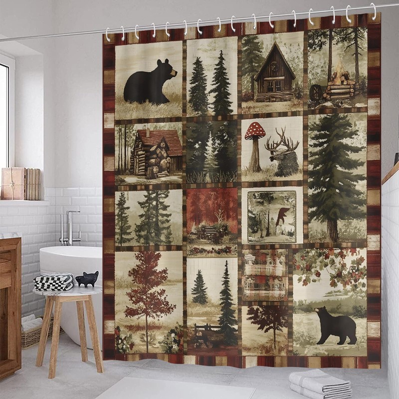ZCHOMI Rustic Cabin Shower Curtain Farmhouse Country Bear Forest Bathroom