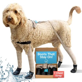 Walkee Paws New Deluxe Easy-On, Dog Suspender Boot Leggings. Plus Chest Strap. Waterproof Booties for Small Dogs and Medium Sized Dogs, Protect Paws from Rain, and Snow Melt (Medium, Beige Plaid)