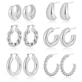 Dodder Gold Chunky Hoop Earrings for Women | 14K Gold Plated Lightweight Twisted Thick Open Hoop Earrings Set (Silver)