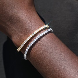 Men's 18K Round Cut Diamond Tennis Chain Real Gold Rhodium Plated Iced Out Prong Setting 5A Cubic Zirconia Tennis Bracelet Necklace For Women Men 3mm 5mm Hip Hop Rapper Jewelry With Gift Box