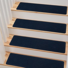 Safotad Stair Treads for Wooden Steps, 30inX8in Non Slip Carpet Stair Treads for Kids Elders and Dogs, Indoor Stair Rugs with Reusable Adhesive, Surface Polyester TPR Backing Stair Rugs (15pc Navy)