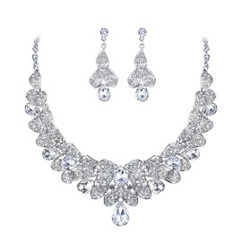 BriLove Women's Bridal Jewelry Set for Wedding Teardrop Cluster Leaf Vine Rhinestone Crystal Bib Statement Necklace Dangle Earrings Clear Silver-Tone
