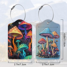 Set of 2 Colorful Mushrooms at Night Luggage Tags for Suitcases, Colorful Mushrooms Leather Suitcase Tag Name Identifiers Labels for Travel Bag Baggage Backpack