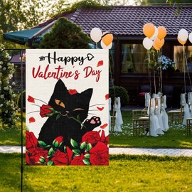 Happy Valentine's Day Garden Flag with Black Cat and Rose Floral Pattern Burlap Double Sided Yard Flag 12 x 18 Inch Garden Decoration for Valentines Day Decor(ONLY FLAG)