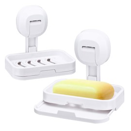 Sekonow 2 Pack Strong Suction Cup Soap Dish for Shower, Self-Draining Bar Soap Holder with Water Catch Tray, No-Drill Removable Waterproof for Shower Wall, Bathroom, Kitchen