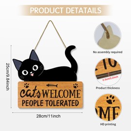 Cat Signs Black Cat Welcome Sign 11x9.8 Inches Funny Wooden Hanging Plaque Decor Cats Welcome People Tolerated Kitty Kitten Footprint