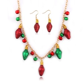 Christmas Jewelry for Women X-Mas Jingle Bell Necklace Set Christmas Necklace Earrings Set Christmas Gifts for Stocking Stuffers Red Green Bell Pendant Necklace Set