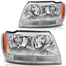 ROADFAR - Headlight Assembly For Jeep Grand Cherokee 1999-2004 A Pair Of Chrome Headlamp Driver/Passenger Side Replacement