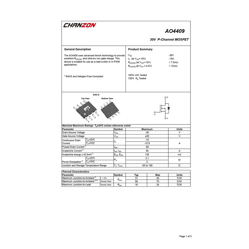 Chanzon AO4409 SOP-8 Sic Mosfet P-Channel 15A Transistor SMD Pack