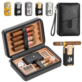 Cigar Humidor, Leather Cedar Wood Cigar Case with Multi-Functional Cigar Lighter（Random Colour), Cigar Cutter,Hygrometer,Humidifier, Travel humidor Cigar Box, Cigar Gift for Man,Purchasing Fun Mode.