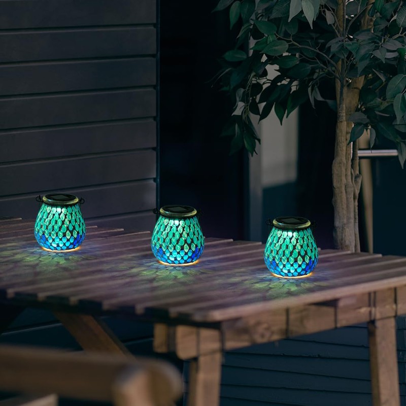 Starsoul Solar Lanterns Outdoor Waterproof, Elegant Blue Glass Mosaic Solar
