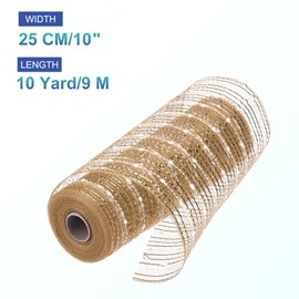 MECCANIXITY 10 Inch Glitter Poly Burlap Mesh for Wreath, Decorative Mesh Fabric Ribbon 10 Yard for Fall Easter Christmas Flower Bow, Brown & White