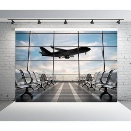 Loccor 5x3ft Fabric Airport Backdrop Lounge with Plane Pilot Jet Birthday Party Video Recording Zoom Meeting Conference Baby Shower Photoshoot Business Studio Decoration Photography Props