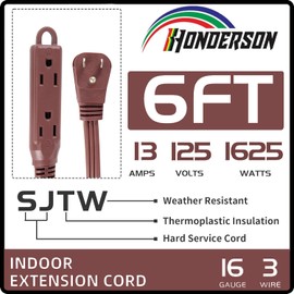 HONDERSON 3-Outlets Flat Plug Extension Cord Outlet Extender, UL Listed, Indoor Extension Cord 16 Gauge 6FT Brown 3 Prong, 16/3 SPT-3 13A Power Strip