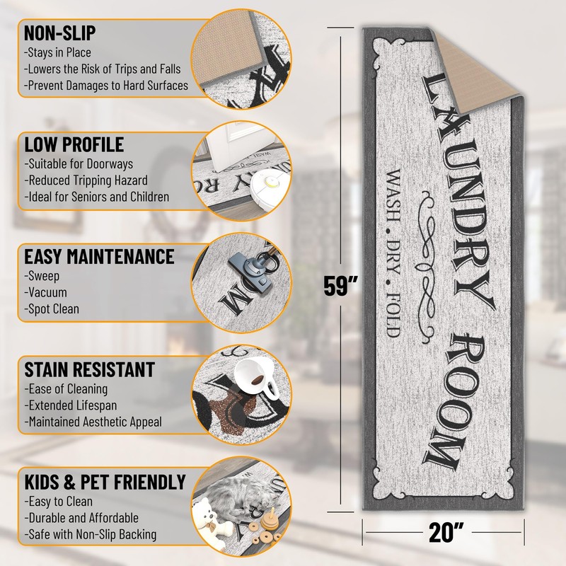 Machine Washable Border Text Design Laundry Room Rug Non-Slip Rubberback