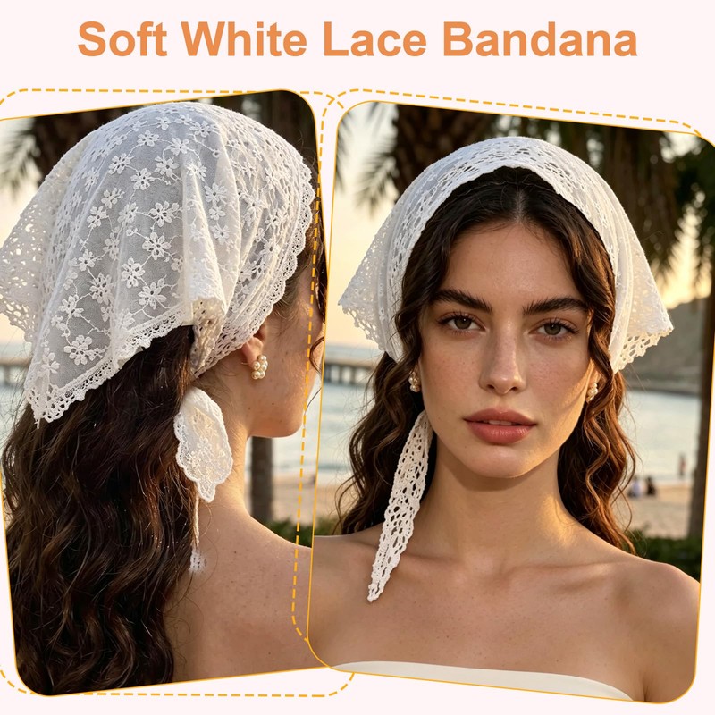 3Pcs Lace Head Scarf, White Triangle Lace Head Scarf for