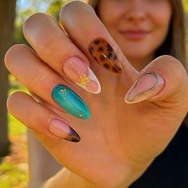 24 Pcs Medium Length Blue Almond Shape Press on Nails with Leopard Design, Tortoise Shell & Teal Autumn Aqua Artistic Mismatch 3D French, False Elegant Fake Nails for Women (Blue Artificial)