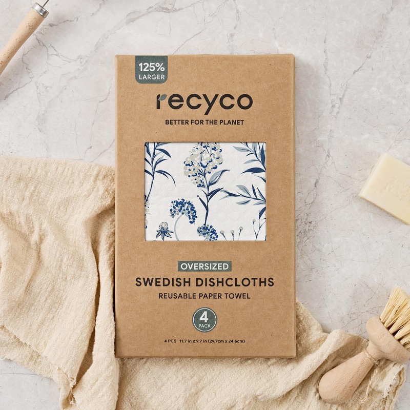 RECYCO Swedish Dishcloths for Kitchen | 4 Pack Oversized Washable