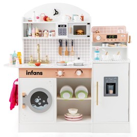 INFANS Kids Kitchen Playset, Toddler Wooden Kitchen Pretend Cooking Toy Set with Coffee Maker Ice Machine Dishwasher Microwave Storage Cabinet, Simulation Play Kitchen for Boys Girls 3+ (White)