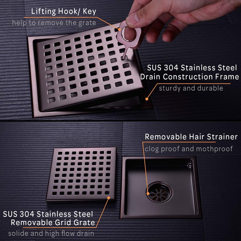 Orhemus Square Shower Floor Drain with Removable Cover Grid Grate