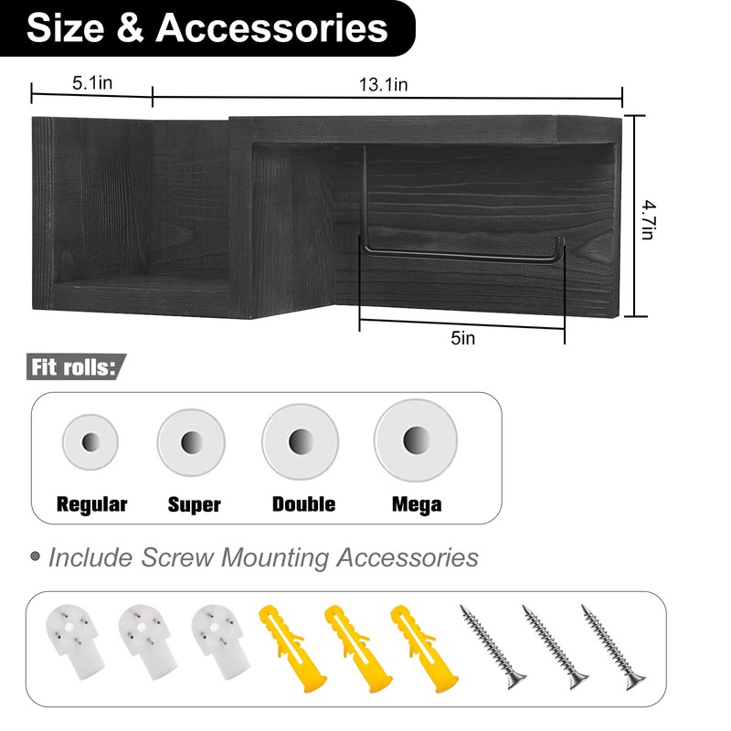 Wooden Black Toilet Paper Holder with Shelf - Wall Mount