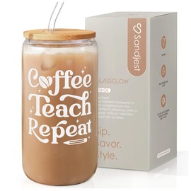 SANDJEST Teacher Glass Bottle, Coffee Teach Repeat Glass Cup, Coffee Aesthetic Glass Can, Gift for Christmas Thanksgiving Birthday Teacher Appreciation, Gifts for Women, 16oz