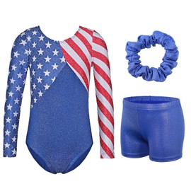 TFJH E 3 in 1 Girls Gymnastic Leotard with Shorts Sets Practice Outfits Long SleeveTumbling Wear USA Flag 12A