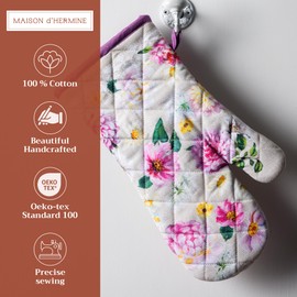 Maison d' Hermine Oven Gloves 100% Cotton Oven Mitt 7" x 13" with Loop Heat Resistant, BBQ, Cooking Gloves, Baking, Grilling, Kitchen, Handling Hot Pans Spring/Summer (Pack of 1, Pivoine)