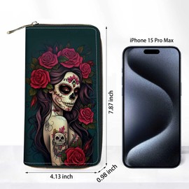 ZXHSBROK Sugar Skull Girl Roses Wallet for Women with Credit Card Holder Coin Money Clip PU Leather Zip Around Clutch Wallet