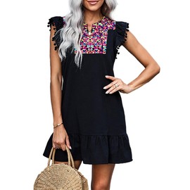 KIRUNDO Women's 2025 Summer Mini Dress Casual V Neck Floral Embroidered Ruffle Sleeveless Shift Flowy Boho Dress (B-Black, Small)