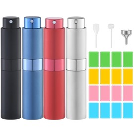 JHSLCHA 4 Pack Refillable Perfume Atomizer Travel Bottle with 16Pcs Writable Labels, Portable Mini Cologne Sprayer, Empty Sprayer Fragrance for Women Mens, 8ml (Black,Blue,Red,Silver)