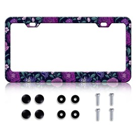 HCSS Purple Floral Flowers License Plate Frame Roses Peonies Colorful License Plate Holder Aluminum Metal Auto Parts Rust-Proof Waterproof Car Decorative Tag Frame for Standard US 12x6 Inch