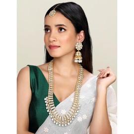 Aheli Necklace Set White Kundan & Beads Studded Long Necklace Jhumki Earrings Maangtikka Ethnic Jewellery Gift for Women