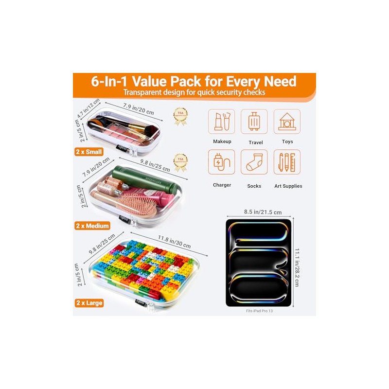 6 Pack Clear Hard Shell Zipper Cases - Ultimate Organizer