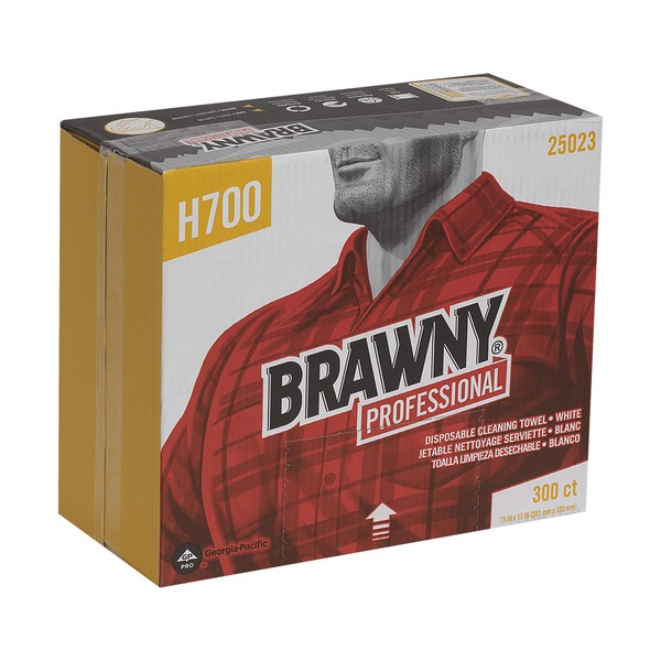 Brawny Professional H700 Disposable Cleaning Towel by GP PRO (Georgia-Pacific), Flat Pack, 25023, White, 300 Wipers Per Box, 1 Box Per Case