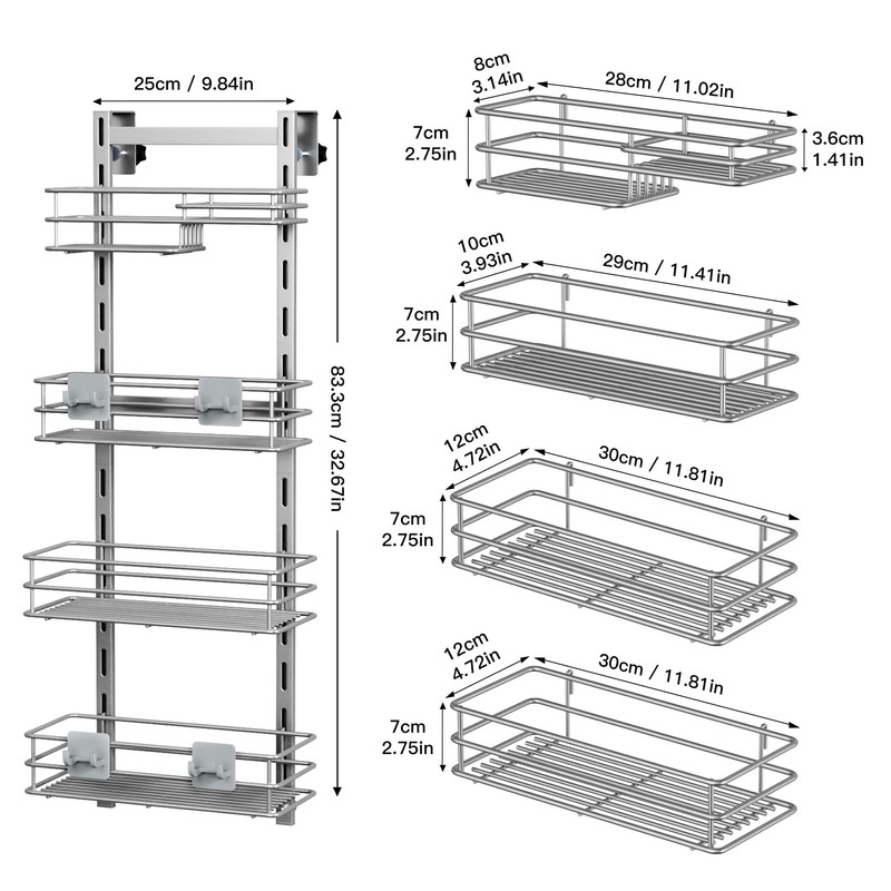 Orimade Shower Caddy Adjustable Height 4 Tier Silver,Bathroom Hanging Over