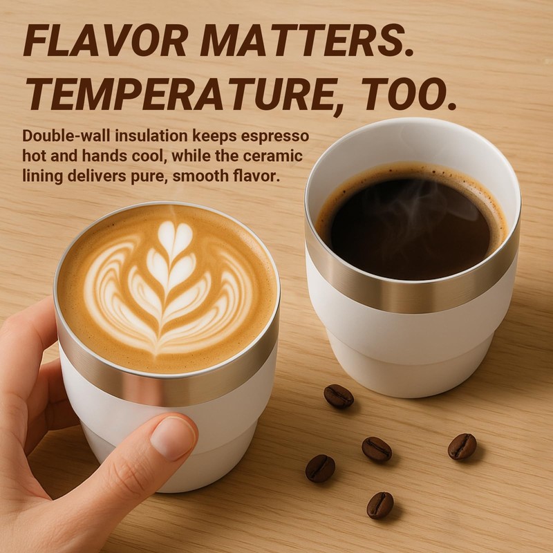 Cafezi 4 oz Espresso/Coffee Cup, Ceramic-Lined 18/8 Stainless Steel, Double-Wall