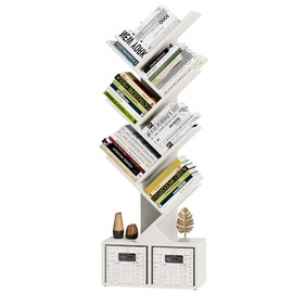 Vagusicc 6 Tier Tree Bookshelf - Modern Shelf Floor Standing Bookcase with Baskets, Tall Wood Book Storage Rack for Books/CDs, Tree Utility Book Organizer Shelves for Living Room, Home Office, Bedroom