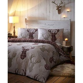DE CAMA - TARTAN STAG REVERSIBLE BEDDING CHECKED QUILT COVER BED SET - Natural shades (Single)