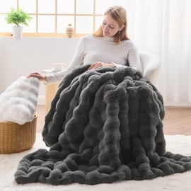 NEWCOSPLAY Faux Fur Throw Blanket Grey Luxury Fluffy Thick Warm Bubble Blanket for Couch Sofa Bed 1000GSM (Dark Grey Bubble, Throw(50"x60"))