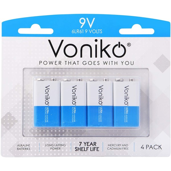VONIKO 9V Batteries - Alkaline 9V Battery 4 Pack - Ultra Long Lasting with a 7 - Year Shelf Life