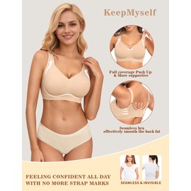 KeepMyself Bras for Older Women - Full Support Wireless Push Up Bra Plus Size - Back Fat Coverage & Anti Sagging Bralette, No Underwire Full Figure Lift Nude 3XL