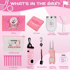 20 Pcs Pink Golf Accessories Kit Include Wine Tumbler Hat Clip Golf Tees Towel Makeup Bag Ball Bag with Hook Cleaner Brush Divot Tool with Magnetic Ball Marker Gifts Set for Women Ladies Golfer