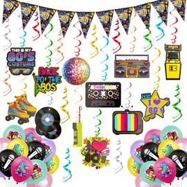 Pack of 70 80s Decoration, 10 Pieces 80s Party Streamers Birthday Hanging Swirl Decoration 24 Pieces Balloons for 80s Decoration Hip Hop Disco Theme 10 Pieces 80s Bunting (80s Decoration)