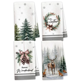 HJLLOQR Christmas Kitchen Towels Set of 4, Elk, Pine Cones, and Holly Berry Dish Cloths with Bowknot Design, 18 x 24 Inch Winter Holiday Decorative Hand Towels – A09