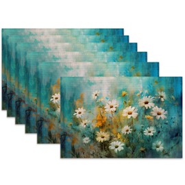 Retro White Daisy Placemats Set of 6 Linen Heat Resistant,Floral Modern Art Table Mats Washable Rustic Place Mats Decoration for Home Kitchen Dining Room Party 12x18 Inch