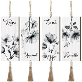 Qunclay 4 Pieces Boho Wall Decor for Bathroom 12 x 5 Inch Relax Soak Unwind Breathe Bathroom Sign with Beads Leaf Print Minimalist Botanical Wall Art Farmhouse Wooden Hanging Art(Gray,Flower)