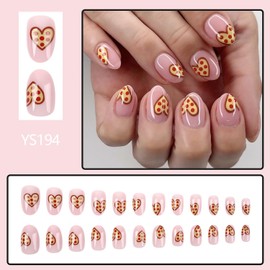 24Pcs Pink Press on Nails Short Fake Nails Cute Heart Nail Design Full Cover Glue on Nails Round Head Almond Acrylic False Nails Reusable Stick on Nails Glossy Artificial Nails for Women Nail Art