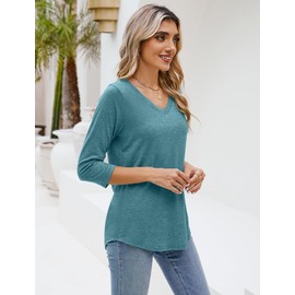Sherosa Womens Shirts 3/4 Sleeve Casual Solid Color Breathable T-Shirts Basic Fashion Tops Blue Green M